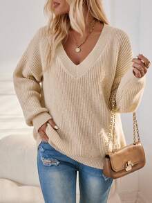 SHEIN Frenchy Cổ v Thả vai Áo len - Màu be - Xem 4