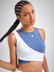 SHEIN Unity 双色镂空短款背心图案 T 恤女式上衣 - 藍白色 - 查看 5