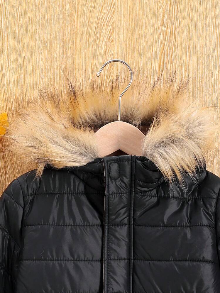 Young Boy Fuzzy Trim Hooded Thermal Lined Quilted Coat