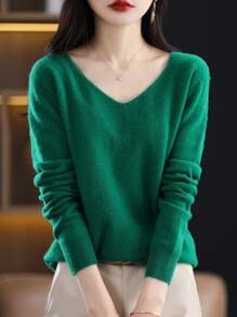 100%美麗諾羊毛女士V領毛衣，長袖無縫針織毛衣，第一線即時穿著，休閒裝 - 綠色 - 查看 5