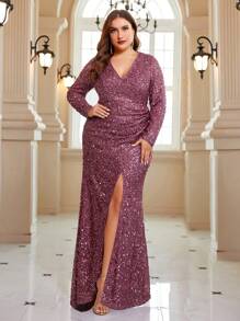 SHEIN Belle 大碼高衩亮片正式洋裝 - 藕粉色 - 查看 1