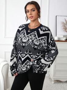 Calvaya Hơn Mô hình Chevron Thả vai Áo len - Đen và trắng - Xem 6