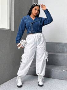 SHEIN EZwear Hơn Khóa thắt lưng Moto Áo khoác denim - Rửa tối - Xem 6