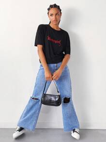 SHEIN Unity Áo thun Lá thư Giải trí - màu đen - Xem 7