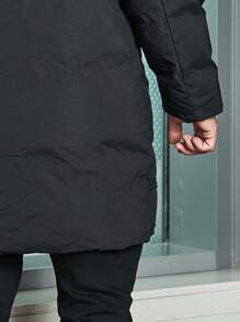 Men Slant Pocket Drawstring Hooded Padded Coat - Black - View 3