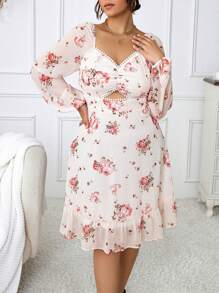 Celure Plus Floral Print Cut Out Ruched Ruffle Hem Dress - Multicolor - View 1
