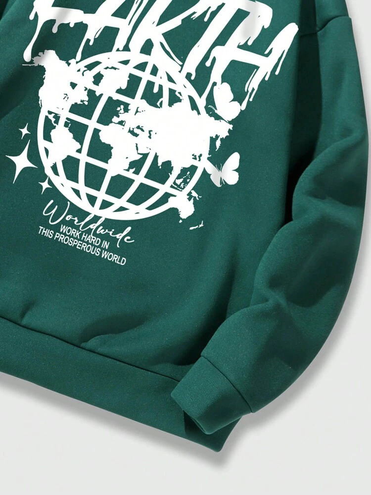 ROMWE MEN Street Life Men Slogan Graphic Kangaroo Pocket Drawstring Thermal Lined Hoodie - Green - View 6