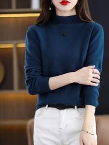 100% Merino Wool Women's Sweater Soft Warm Mock Neck Pullover Fall Winter Sweater One-Line Seamless Sweater