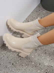 女士时尚粗跟一脚蹬踝靴、中筒靴 - 米色 - 查看 4