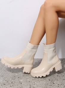 女士时尚粗跟一脚蹬踝靴、中筒靴 - 米色 - 查看 9