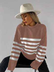 EURMUSE Jersey con patrón de rayas de hombros caídos - Camel - Ver 3