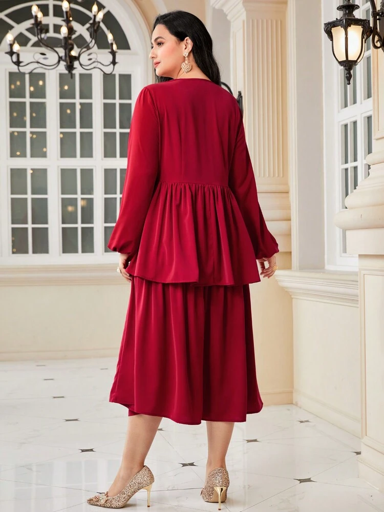 Burgundy Red Plus Twist Front Lantern Sleeve Two Layer Hem Dress