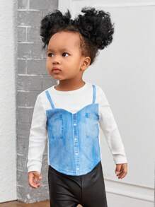 SHEIN Baby Girl 1pc Button Front Tee - Blue - View 3