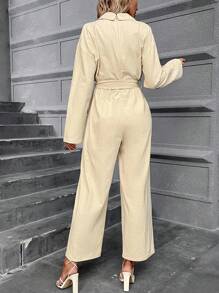 SHEIN Frenchy 素色西裝領腰帶連身褲 - 米色 - 查看 2