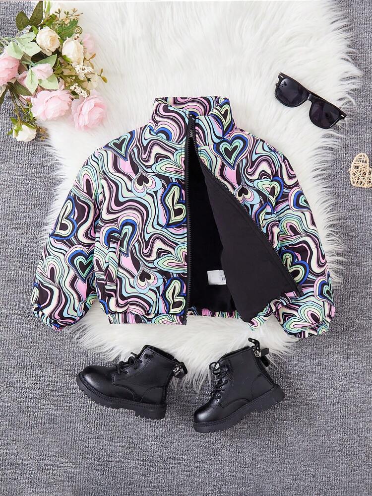 Young Girl Marble Print Teddy Lined Zip Up Padded Coat