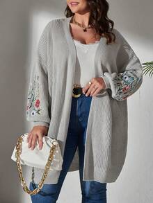 SHEIN CURVE+ 大碼花卉刺繡落肩袖開襟開衫 - 淺灰色 - 查看 4