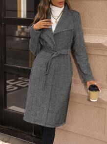 SHEIN Clasi Herringbone Print Slant Pocket Belted Overcoat Fall Cloth For Women - Black - View 3