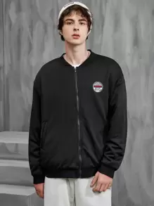 Manfinity Hypemode Men Letter Patched Zip Up Bomber Jacket Without Tee - Hitam - View 4