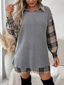 SHEIN Frenchy Plaid Drop Shoulder Blouse & Vest Without Belt Winter - Dark Grey - View 4