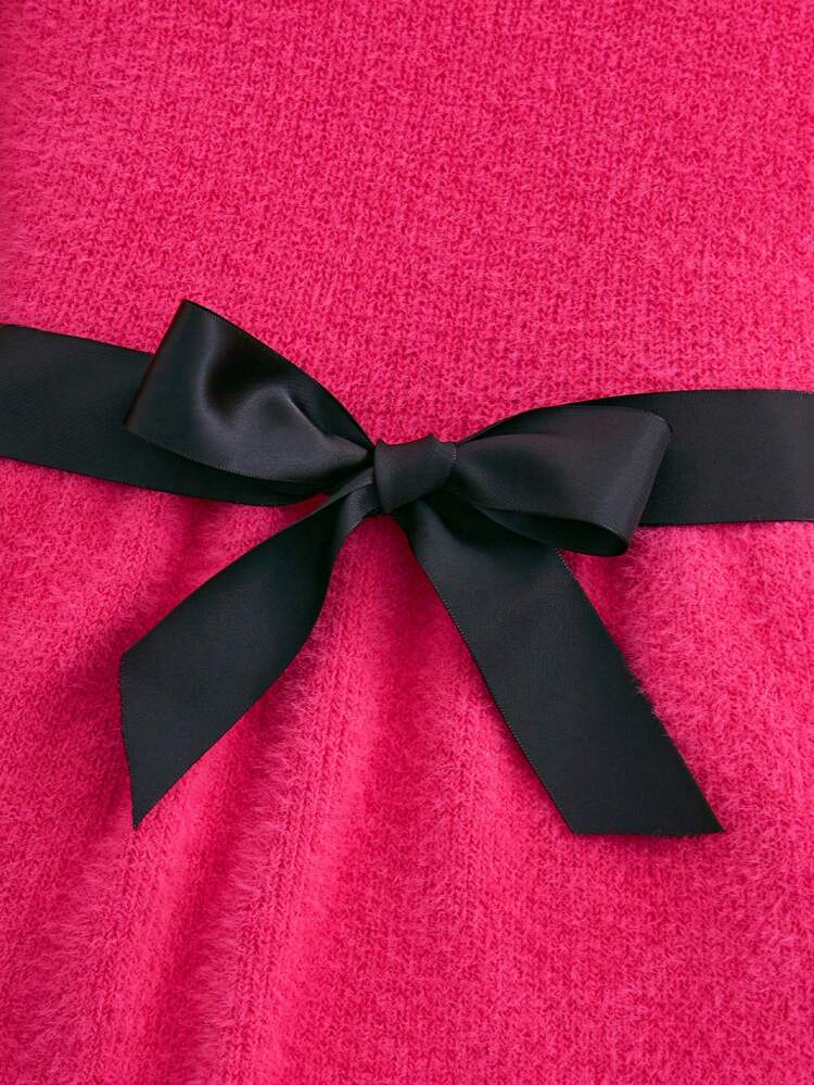 SHEIN Tween Girl Ruffle Neck Belted Trench Sweater Dress - Hot Pink - View 4