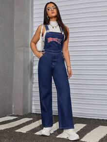 SHEIN ICON Letter Graphic Denim Overalls Without Tank Top - Dark Wash - View 6
