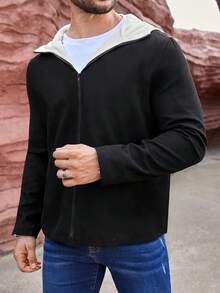 Manfinity Homme 男士鬆身拉鍊連帽外套 - 黑色 - 查看 3