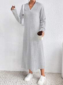 SHEIN LUNE 缺口領條紋針織落肩袖洋裝 - 灰色 - 查看 4