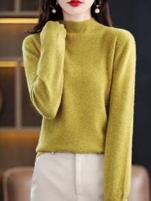 100% 美利奴羊毛女士毛衣柔软保暖立领套头衫秋冬毛衣单线无缝毛衣 - 芥末黃 - 查看 6