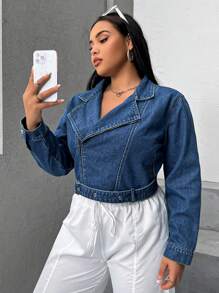 SHEIN EZwear Hơn Khóa thắt lưng Moto Áo khoác denim - Rửa tối - Xem 1