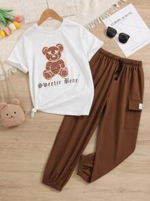 SHEIN 女大童熊和字母圖案T恤和腰部抽繩長褲 - 彩色 - 查看 1