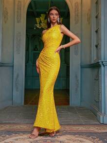 One Shoulder Split Thigh Sequin Cocktail Dress - Yellow - View 6