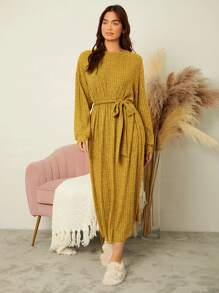 Mulvari Solid Belted Ribbed Knit Dress - Yellow - View 1