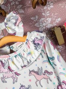 Bebezinha Impressão Floral Acabamento De Babados Bodysuit & Gráfico de Cartoon Vestido Overall & Testeira - Pink - Visão 8