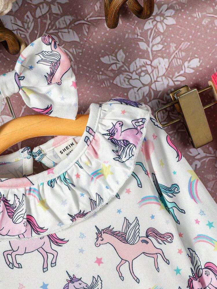 Baby Unicorn Print Ruffle Trim Bodysuit and Pinafore Dress With Headband