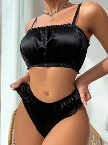 Frill Trim Satin Lingerie Set - Black - View 3