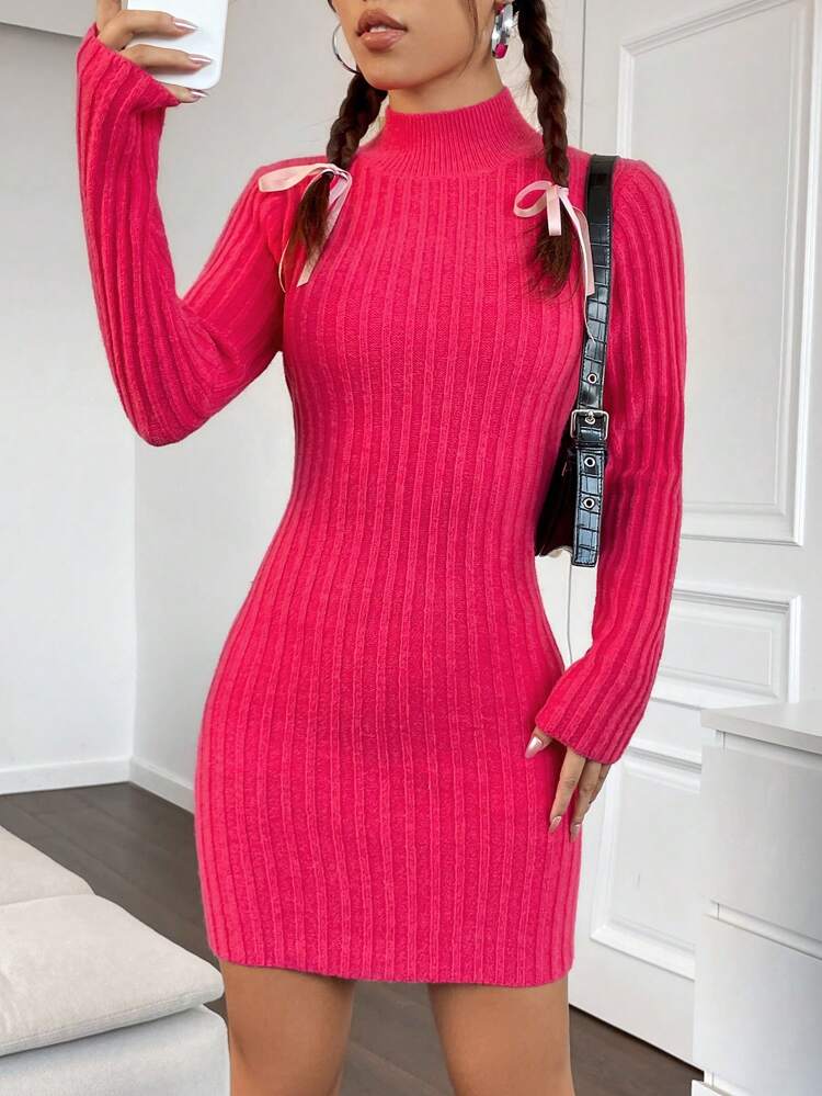 Mock Neck Backless Button Detail Bodycon Sweater Dress Fall Cloth For Women