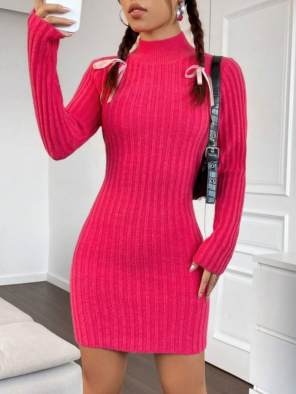 Mock Neck Backless Button Detail Bodycon Sweater Dress Fall Cloth For Women