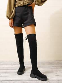 Ladies' Suede Over-the-knee Boots With Lace-up And Tight Fitting Design - Black - View 6