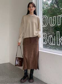 FRIFUL 冬季纯色抽绳腰部开衩下摆半身裙 - 咖啡棕 - 查看 5