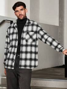 Manfinity VCAY Men's Plaid Print Pocket Patched Oversized Overcoat - Black and White - View 4