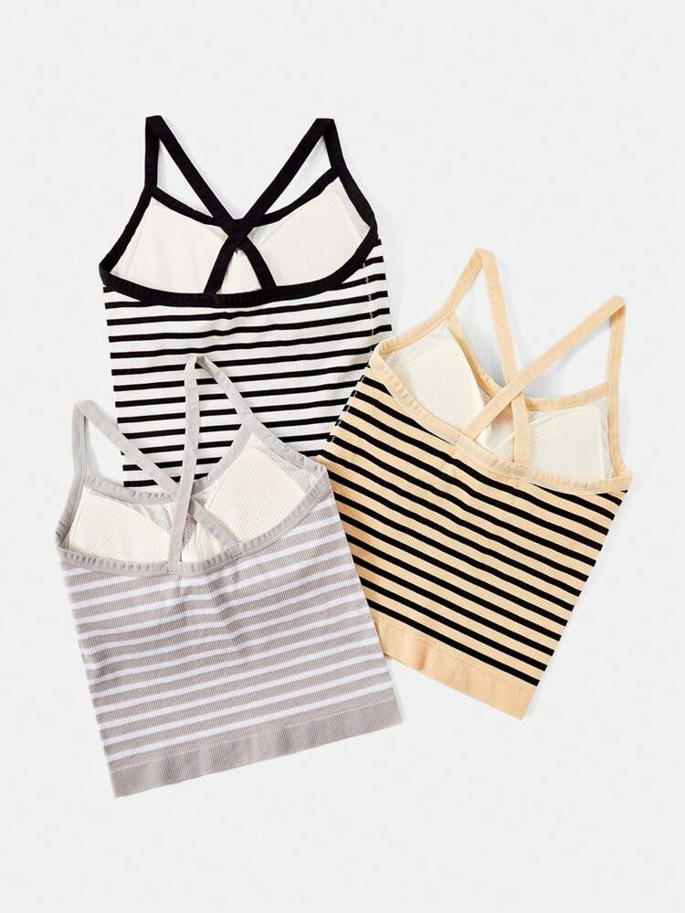 3pcs Striped Criss Cross Back Sports Bra