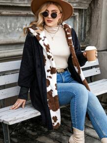 Calvaya Plus Contrast Panel Hooded Flannel Coat - Black - View 3