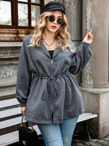 Calvaya 大碼腰部抽繩落肩袖拉鏈開襟連帽外套 - 灰色 - 查看 5