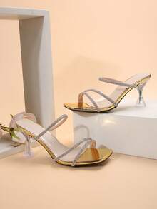 仙女風格方頭粗跟涼鞋適合女士,帶法語鑽石裝飾,夏天2023 - 金色 - 查看 4