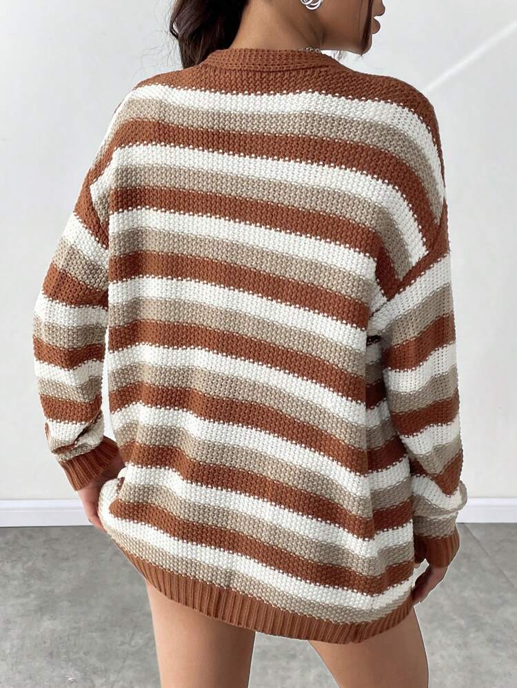 Striped Pattern Drop Shoulder Duster Cardigan Fall Cloth For Women