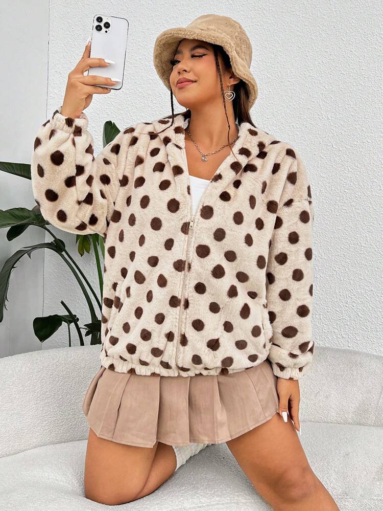 Plus Polka Dot Print Drop Shoulder Hooded Flannel Jacket