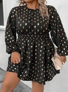 SHEIN CURVE+ 大碼燙金燈籠袖荷葉邊洋裝 - 黑色 - 查看 1