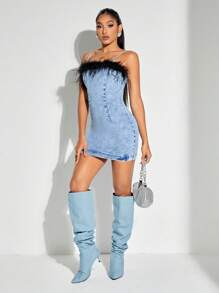 SHEIN BAE Fuzzy Trim Cami Bodycon Denim Dress - Blue - View 1