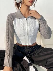 SHEIN EZwear Cárdigan crop de dos tonos de manga raglán con cremallera