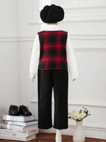 SHEIN Young Boy Bow Front Shirt & Plaid Print Vest Jacket & Pants & Hat - Multicolor - View 2